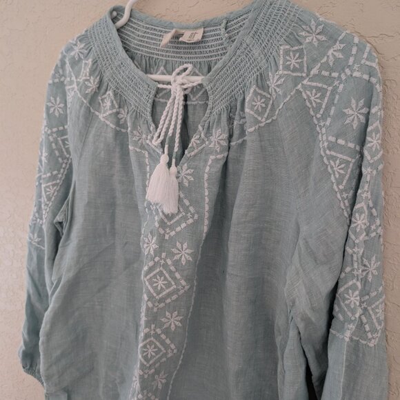 Joie 100% Linen Long Sleeved Blouse Fringe Tie Embroidered Size M Boho - Picture 3 of 7
